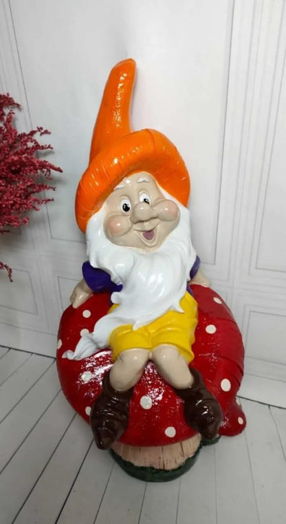 Garden Gnome Sitting on Red Mushroom Outdoor Decor, Garden Gnome Statue, Outdoor Garden Decor, Mushroom Gnome Figure, Fairy Garden Gnome, Garden Gnome Sculpture, Garden Gnome Decor