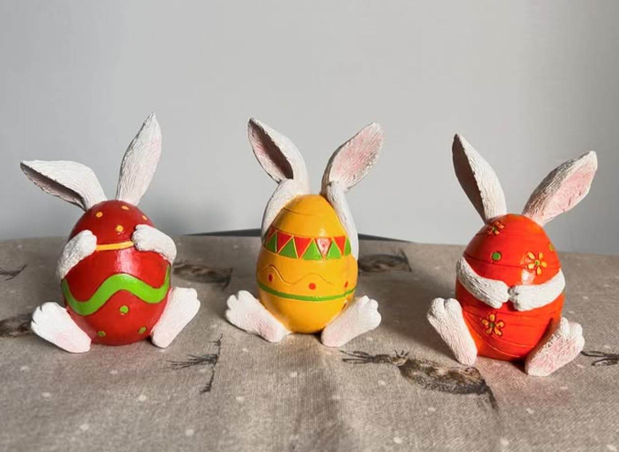 Set of 3 Easter Bunny Egg Figurines, Cute Hand Painted Polyester Bunny Decorations, Easter Bunny Decor, Bunny Egg Decor, Bunny in Eggshell, Easter Bunny Statue, Easter Bunny Decor