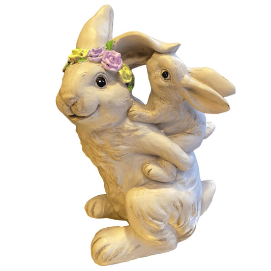 Adorable Bunny Rabbit Statue with Baby Bunny, Easter Bunny Decor, Rustic Bunny Gift, Floral Crown Rabbit, Easter Rabbit Decor, Rabbit Decor, Bunny Decor, Rabbit Sculpture