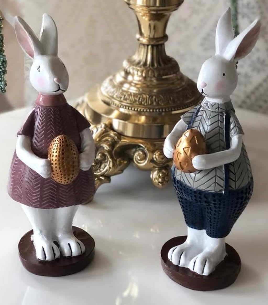 Handmade Easter Bunny Figurines with Colorful Eggs, Decorative Polyester Rabbits, Easter Bunny Figurines, Handmade Rabbit Statues, Easter Rabbit Sculpture