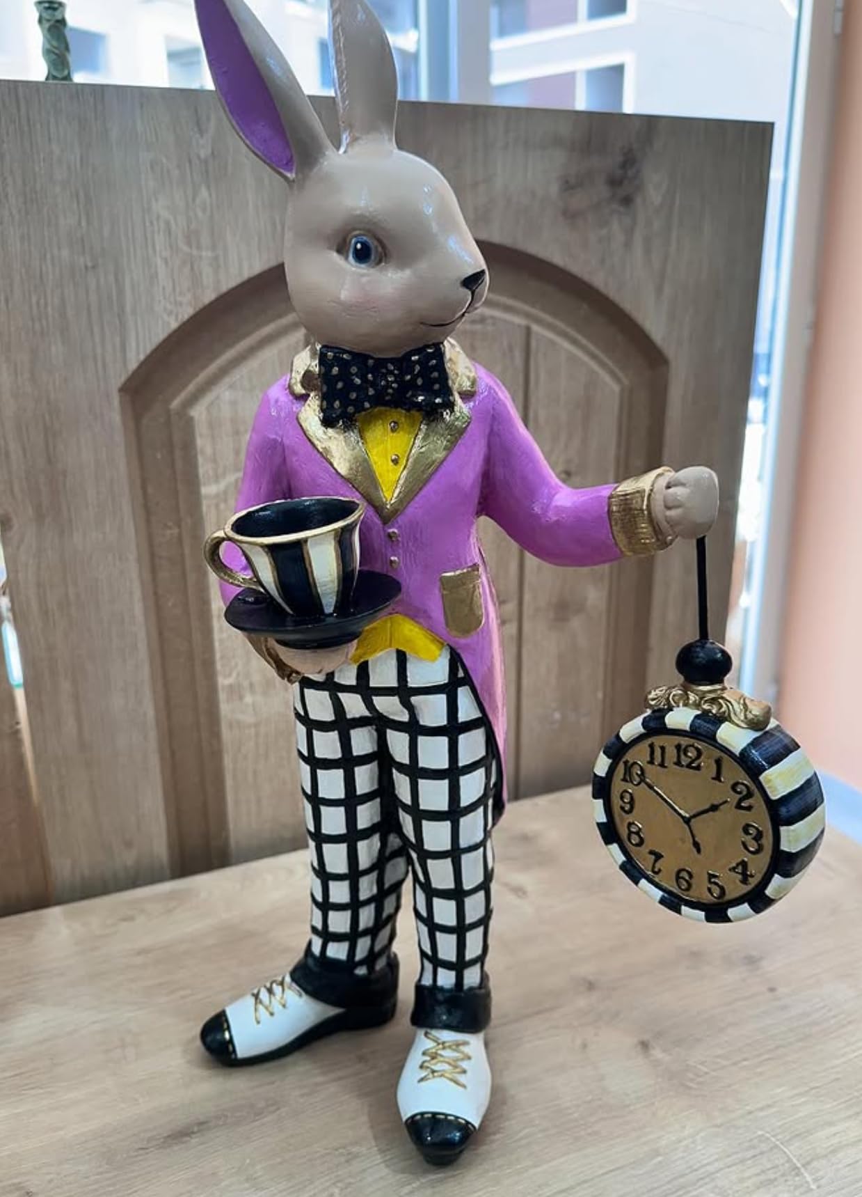Alice in Wonderland Tea Time Rabbit Figurine, Rabbit Statue with Teacup & Clock, Rabbit Figurine, Wonderland Tea Party, Rabbit with Tea Cup