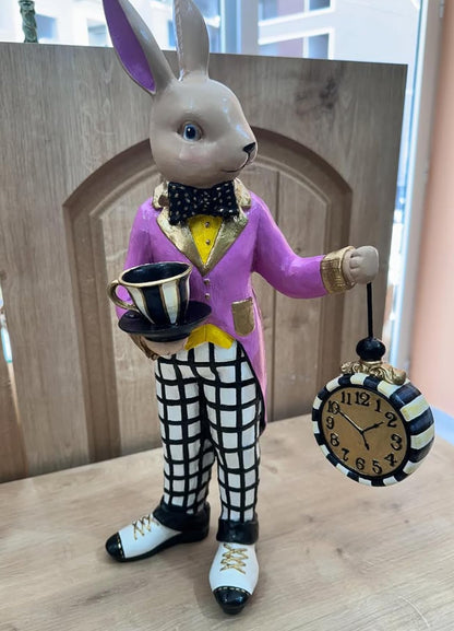 Alice in Wonderland Tea Time Rabbit Figurine, Rabbit Statue with Teacup & Clock, Rabbit Figurine, Wonderland Tea Party, Rabbit with Tea Cup