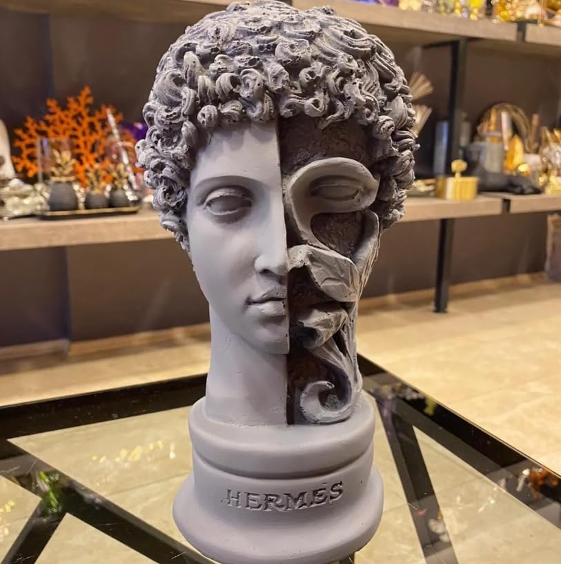 Busto di Hermes greco con decorazione a foglia, scultura classica con testa di Hermes, statua decorativa con testa, busto classico per la casa