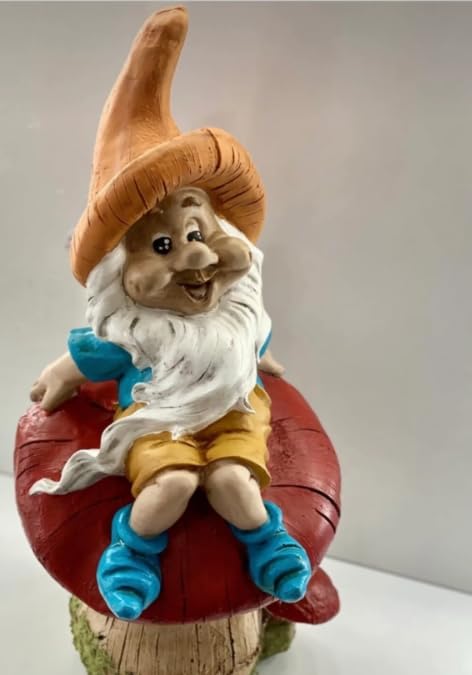 Garden Gnome Sitting on Red Mushroom Outdoor Decor, Garden Gnome Statue, Outdoor Garden Decor, Mushroom Gnome Figure, Fairy Garden Gnome, Garden Gnome Sculpture, Garden Gnome Decor