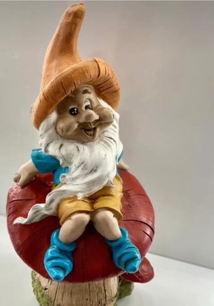Garden Gnome Sitting on Red Mushroom Outdoor Decor, Garden Gnome Statue, Outdoor Garden Decor, Mushroom Gnome Figure, Fairy Garden Gnome, Garden Gnome Sculpture, Garden Gnome Decor