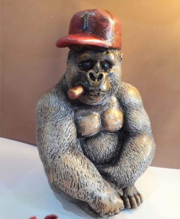 Smoking Gorilla Statue with Cap, Cool Gorilla Smoking Pipe Decor, Urban Style Gorilla Statue with Hat, Gorilla Statue with Cigarette and Cap