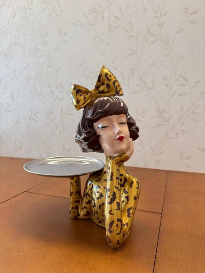 Handcrafted Girl Holding Tray Figure, Girl Sculpture With Tray Decor, Functional Girl Figurine With Tray, Decorative Girl Figurine For Gift, Girl Holding Tray Decor