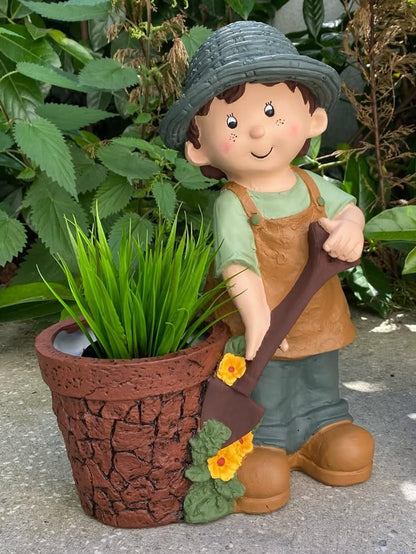 Cute Girl and Boy Planter Pots for Garden Decor, Outdoor Yard Statues, Polyester Garden Pot, Cute Planter Figurine, Boy Girl Flower Pot