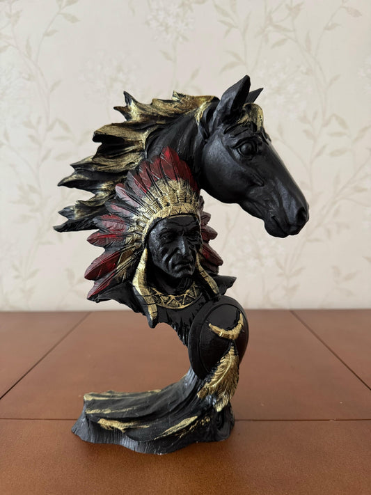 Native American Indian Chief and Horse Bust Sculpture, Western Decor, Native American Statue, Indian Chief Bust, Western Home Decor, Indian Chief Decor, Indian Chief Statue