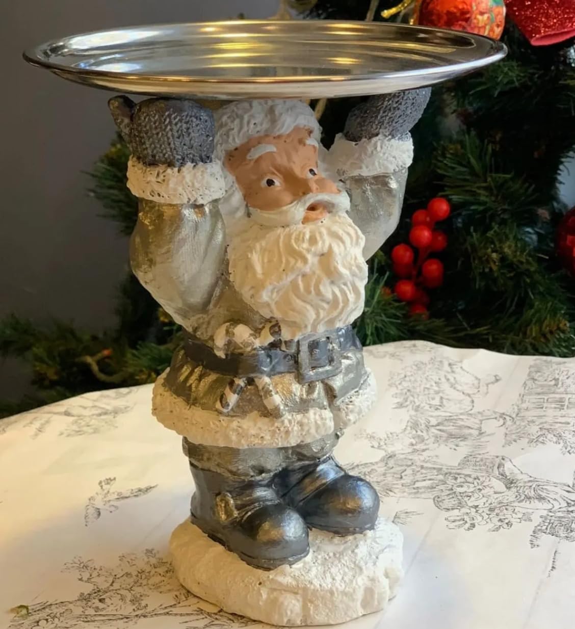 Santa Claus Tray Holder, Holiday Serving Stand, Santa Figurine with Metal Tray for Snacks & Sweets, Christmas Decoration, Santa Sculpture, Santa Claus Tray