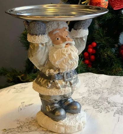 Santa Claus Tray Holder, Holiday Serving Stand, Santa Figurine with Metal Tray for Snacks & Sweets, Christmas Decoration, Santa Sculpture, Santa Claus Tray