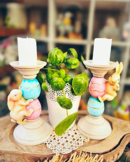Easter Bunny Candle Holder Set with Climbing Rabbits and Egg Design, Easter Rabbit Candle Holder, Easter Rabbit Candlesticks, Bunny Candle Holder, Rabbit Candle Holder