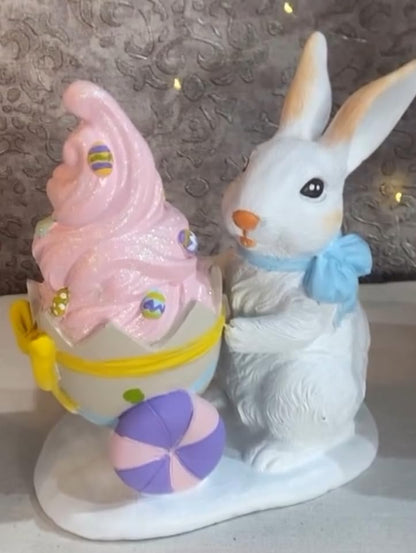 Rabbit Holding Ice Cream Cart Figurine, Whimsical Bunny Ice Cream Vendor, Bunny Vendor Figurine, Rabbit Themed Decoration, Rabbit Decor