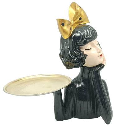 Handcrafted Girl Holding Tray Figure, Girl Sculpture With Tray Decor, Functional Girl Figurine With Tray, Decorative Girl Figurine For Gift, Girl Holding Tray Decor
