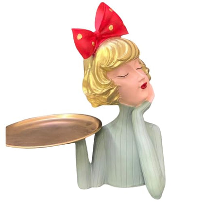 Handcrafted Girl Holding Tray Figure, Girl Sculpture With Tray Decor, Functional Girl Figurine With Tray, Decorative Girl Figurine For Gift, Girl Holding Tray Decor