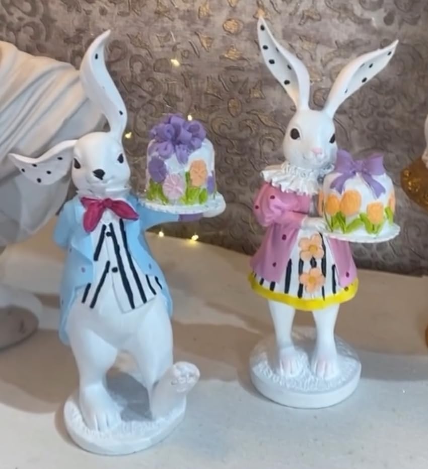 Set of 2 Rabbit Figurines Holding Cake, Adorable Bunny Dessert Statues, Rabbit Cake Figurine, Bunny Holding Cake, Bunny Statue, Rabbit Decor, Rabbit Statue, Bunny Decor