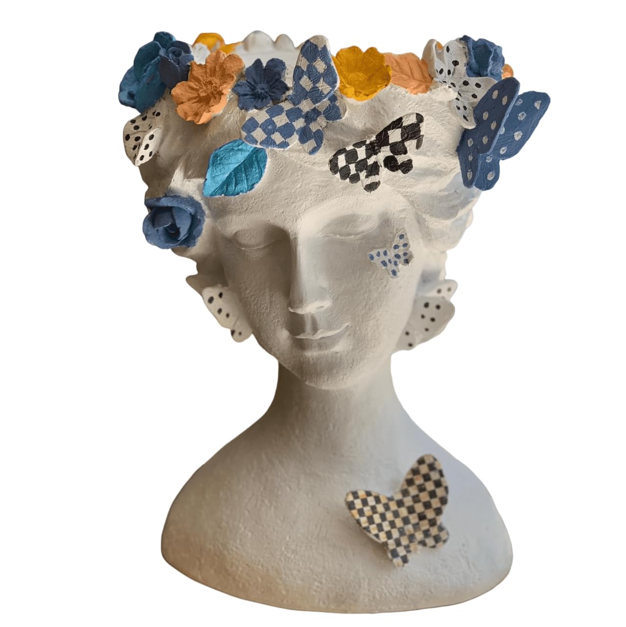 Elegante vaso da fiori a forma di busto femminile con farfalle e motivi floreali, fioriera decorativa in poliestere per interni, vaso da fiori a forma di farfalla, vaso a forma di farfalla, vaso a forma di farfalla