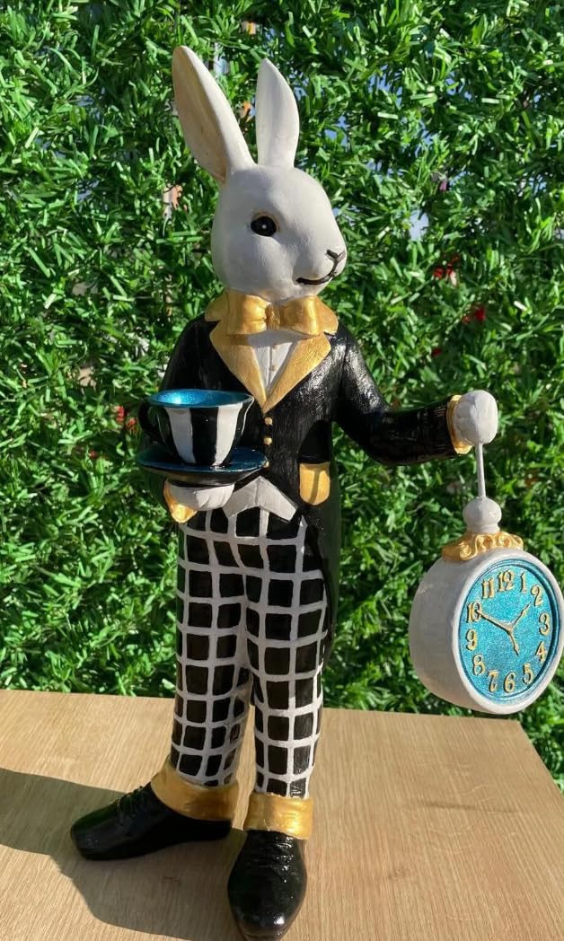 Alice in Wonderland Tea Time Rabbit Figurine, Rabbit Statue with Teacup & Clock, Rabbit Figurine, Wonderland Tea Party, Rabbit with Tea Cup