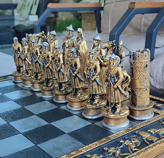 Historical Chess Set with Decorative Board, Medieval Chess Set with Detailed Warrior Pieces, Antique Look Chess Set with Medieval Figures