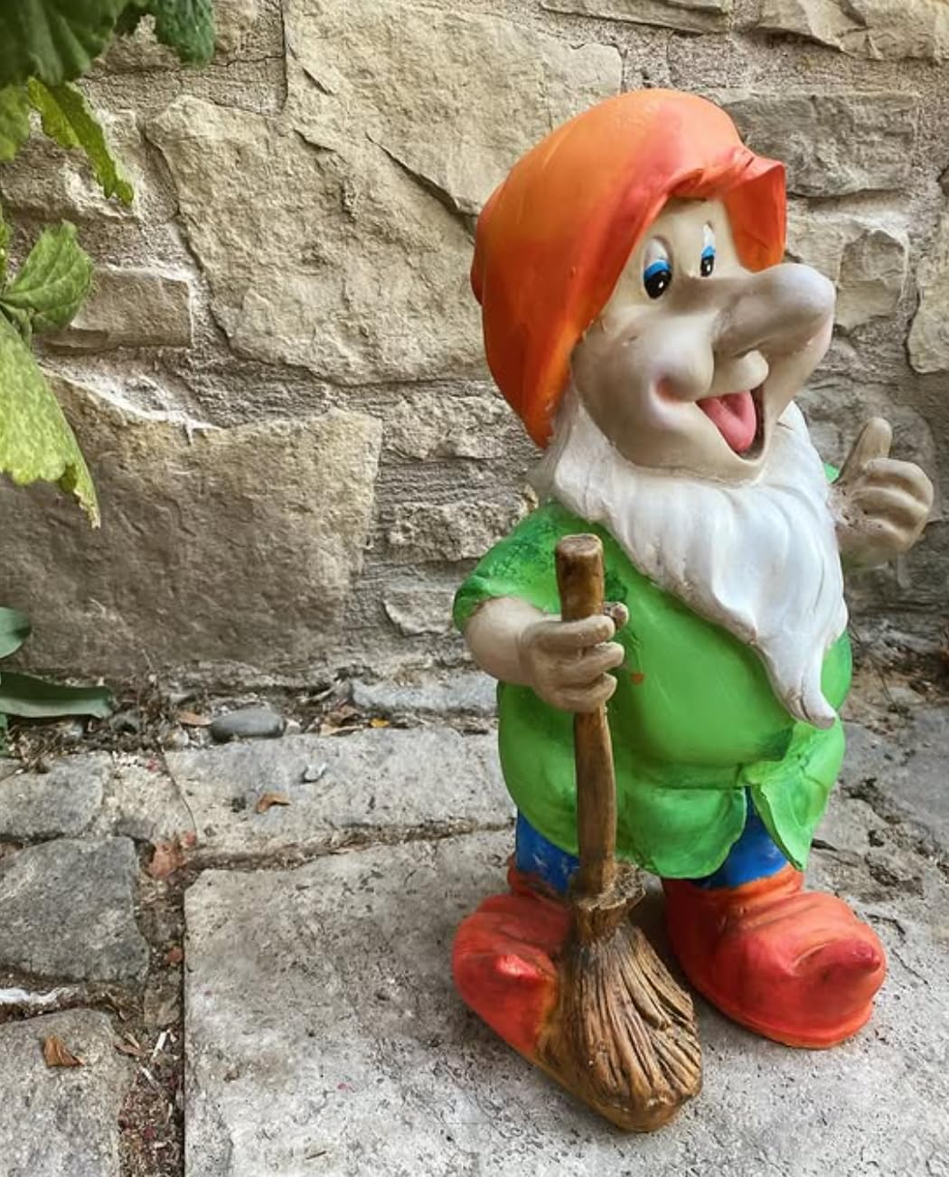 Happy Garden Gnome with Broom for Outdoor Decor, Garden Gnome Statue, Patio Gnome Figure, Gnome Decor, Broom Holding Gnome