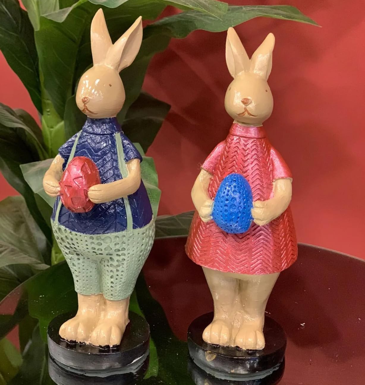Handmade Easter Bunny Figurines with Colorful Eggs, Decorative Polyester Rabbits, Easter Bunny Figurines, Handmade Rabbit Statues, Easter Rabbit Sculpture