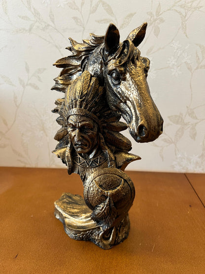 Indianerhäuptling und Pferdebüste Skulptur, Western Dekor, Indianerstatue, Indianerhäuptling Büste, Western Home Dekor, Indianerhäuptling Dekor, Indianerhäuptling Statue