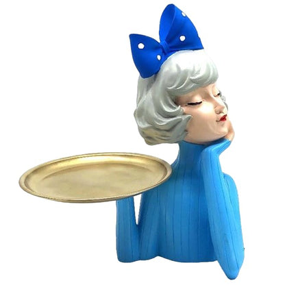 Handcrafted Girl Holding Tray Figure, Girl Sculpture With Tray Decor, Functional Girl Figurine With Tray, Decorative Girl Figurine For Gift, Girl Holding Tray Decor