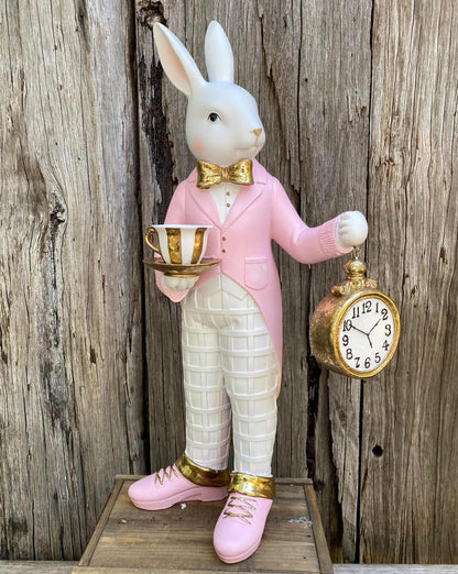 Alice in Wonderland Tea Time Rabbit Figurine, Rabbit Statue with Teacup & Clock, Rabbit Figurine, Wonderland Tea Party, Rabbit with Tea Cup