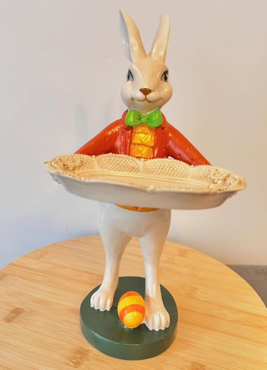 Elegant Rabbit Figurine with Tray, Whimsical Rabbit Sculpture, Decorative Bunny Statue, Bunny Statue Tabletop, Rabbit Serving Tray Stand