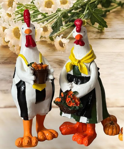 Farmhouse Chicken Decor, Charming Rooster and Hen Figurines Holding Flowers, Flower Holding Rooster, Cute Chicken Statues, Chicken Statue, Cockerel Decor, Cockerel Statue