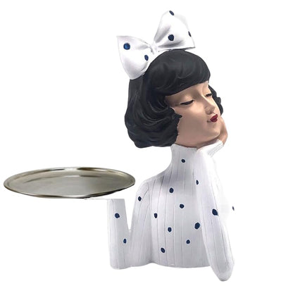 Handcrafted Girl Holding Tray Figure, Girl Sculpture With Tray Decor, Functional Girl Figurine With Tray, Decorative Girl Figurine For Gift, Girl Holding Tray Decor