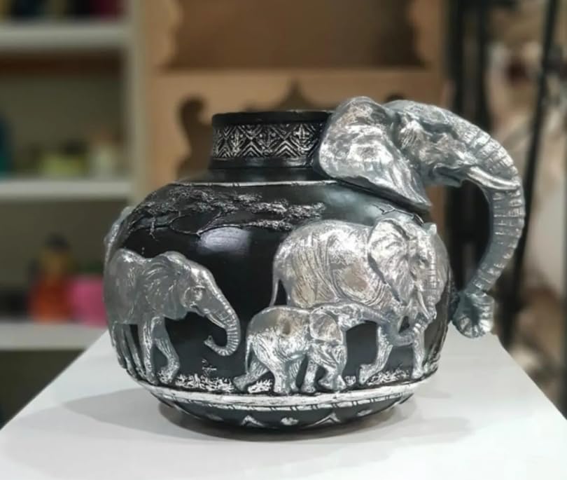 Elefantenvase, handgefertigtes Safari-Dekor, Wildlife Art Decor, Elefanten-Henkelvase, exotisches Wohndekor, Elefantenvase-Dekor, afrikanische Vase, Wildlife Vase