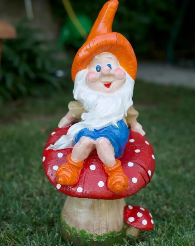 Garden Gnome Sitting on Red Mushroom Outdoor Decor, Garden Gnome Statue, Outdoor Garden Decor, Mushroom Gnome Figure, Fairy Garden Gnome, Garden Gnome Sculpture, Garden Gnome Decor