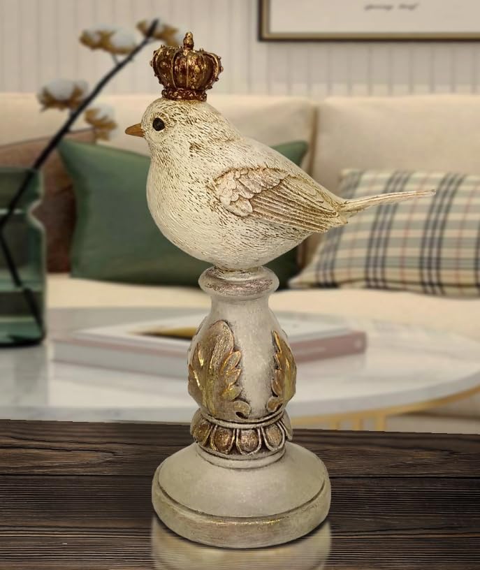 Vintage Crowned Bird Figurine on Leaf Base, Decorative Bird Statue, Bird Decor, Crowned Bird Decor, Bird Sculpture, Royal Bird Statue