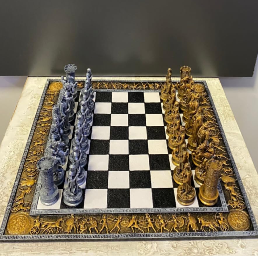 Historical Chess Set with Decorative Board, Medieval Chess Set with Detailed Warrior Pieces, Antique Look Chess Set with Medieval Figures