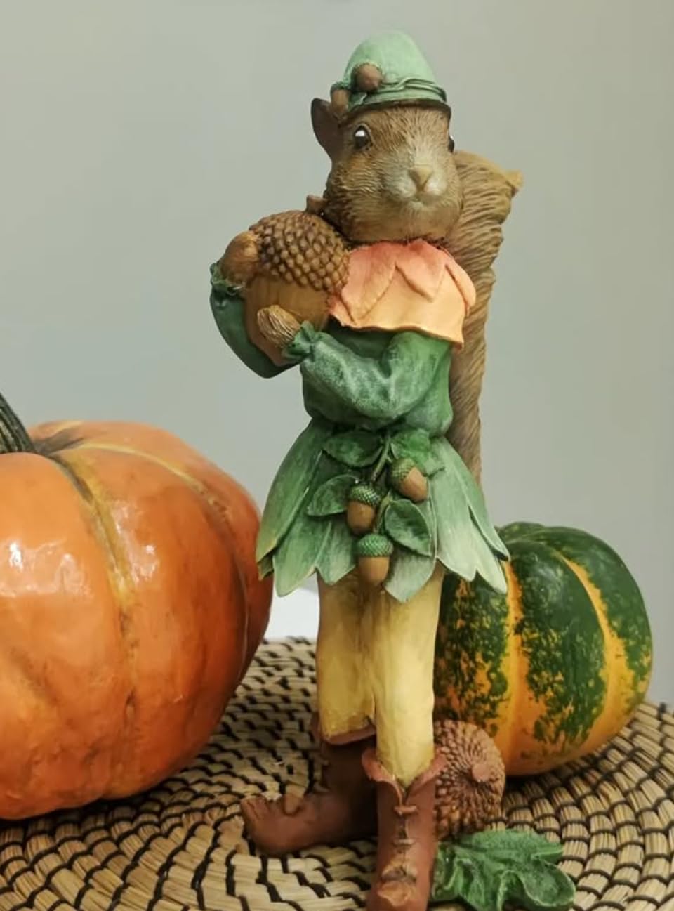 Squirrel Elf Statue, Whimsical Squirrel Statue, Polyester Squirrel Figurine, Cute Squirrel with Acorns Statue, Squirrel in Costume Figurine