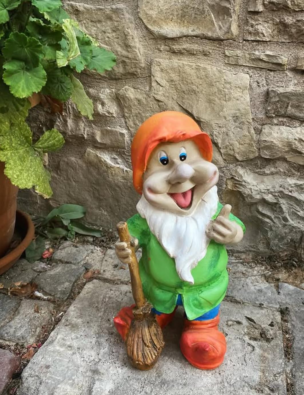 Happy Garden Gnome with Broom for Outdoor Decor, Garden Gnome Statue, Patio Gnome Figure, Gnome Decor, Broom Holding Gnome