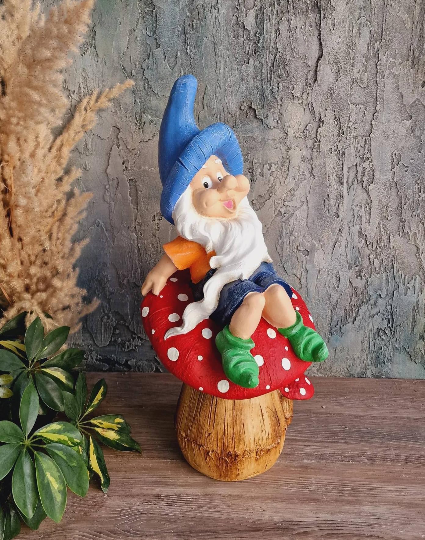 Garden Gnome Sitting on Red Mushroom Outdoor Decor, Garden Gnome Statue, Outdoor Garden Decor, Mushroom Gnome Figure, Fairy Garden Gnome, Garden Gnome Sculpture, Garden Gnome Decor