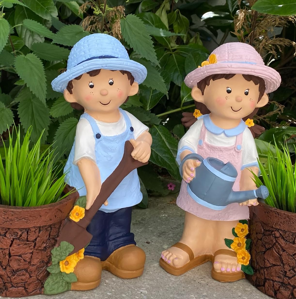 Cute Girl and Boy Planter Pots for Garden Decor, Outdoor Yard Statues, Polyester Garden Pot, Cute Planter Figurine, Boy Girl Flower Pot