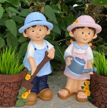 Cute Girl and Boy Planter Pots for Garden Decor, Outdoor Yard Statues, Polyester Garden Pot, Cute Planter Figurine, Boy Girl Flower Pot