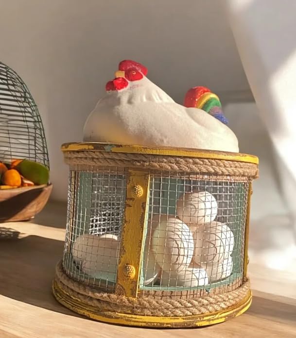 Farmhouse Chicken Egg Basket, Handmade Chicken Egg Holder Cage, Rooster Kitchen Decor, Chicken Wire Egg Storage, Hen Egg Holder
