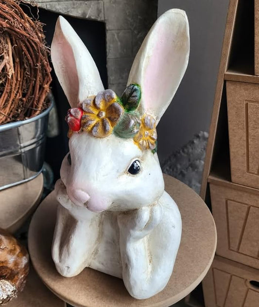 Adorable Bunny Figurine with Flower Crown, Rabbit Statue, Cute Spring Bunny Decor, Bunny Figurine Decor, Flower Crown Rabbit, Easter Rabbit Decor, Easter Bunny Decor, Easter Rabbit Statue