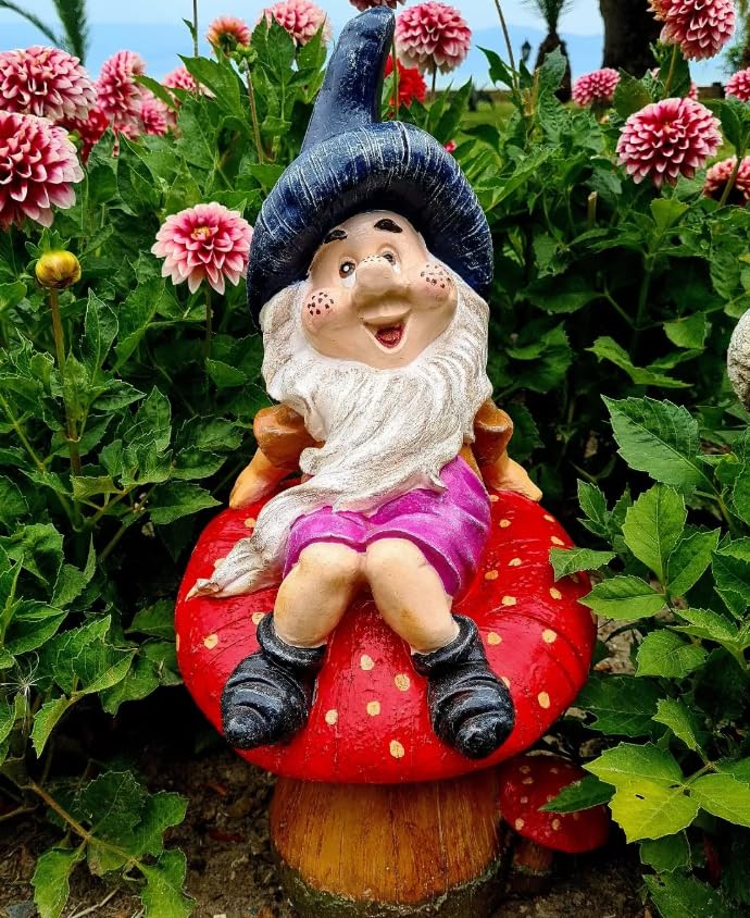 Garden Gnome Sitting on Red Mushroom Outdoor Decor, Garden Gnome Statue, Outdoor Garden Decor, Mushroom Gnome Figure, Fairy Garden Gnome, Garden Gnome Sculpture, Garden Gnome Decor