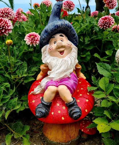 Garden Gnome Sitting on Red Mushroom Outdoor Decor, Garden Gnome Statue, Outdoor Garden Decor, Mushroom Gnome Figure, Fairy Garden Gnome, Garden Gnome Sculpture, Garden Gnome Decor