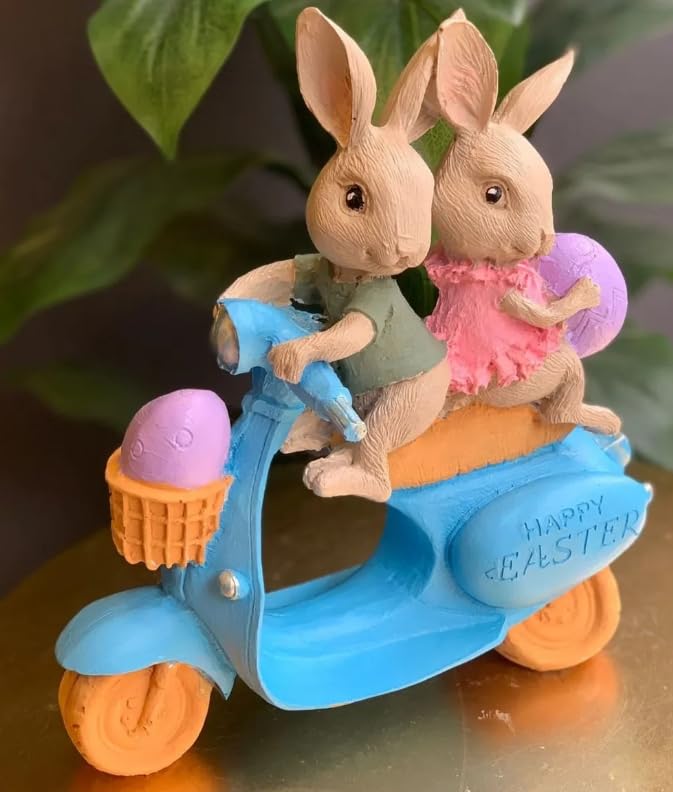 Bunny Couple Scooter Statue, Rabbits On A Vespa Decor, Whimsical Bunny Ornament,Rabbit Sculpture,Easter Rabbit Decor, Easter Bunny Decor, Easter Bunny Sculpture, Easter Rabbit Sculpture