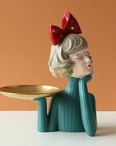Handcrafted Girl Holding Tray Figure, Girl Sculpture With Tray Decor, Functional Girl Figurine With Tray, Decorative Girl Figurine For Gift, Girl Holding Tray Decor