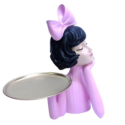 Handcrafted Girl Holding Tray Figure, Girl Sculpture With Tray Decor, Functional Girl Figurine With Tray, Decorative Girl Figurine For Gift, Girl Holding Tray Decor