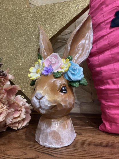 Hand-Painted Bunny Head Sculpture With Floral Crown, Whimsical Easter Decor, Bunny Head Sculpture, Easter Bunny Decor, Rabbit Head Decor, Easter Rabbit Decor, Rabbit Sculpture