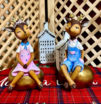 Cute Deer Couple Figurines, Sweet Deer Couple Statue, Romantic Deer Couple Sculpture, Sitting Deer Couple Figurines, Deer Couple Statues