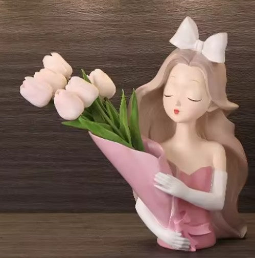 Handmade Girl Holding Flowers Decor, Handmade Girl Statue with Flower Bouquet Decor, Handmade Girl Statue, Handmade Girl Statue, Girl Decor